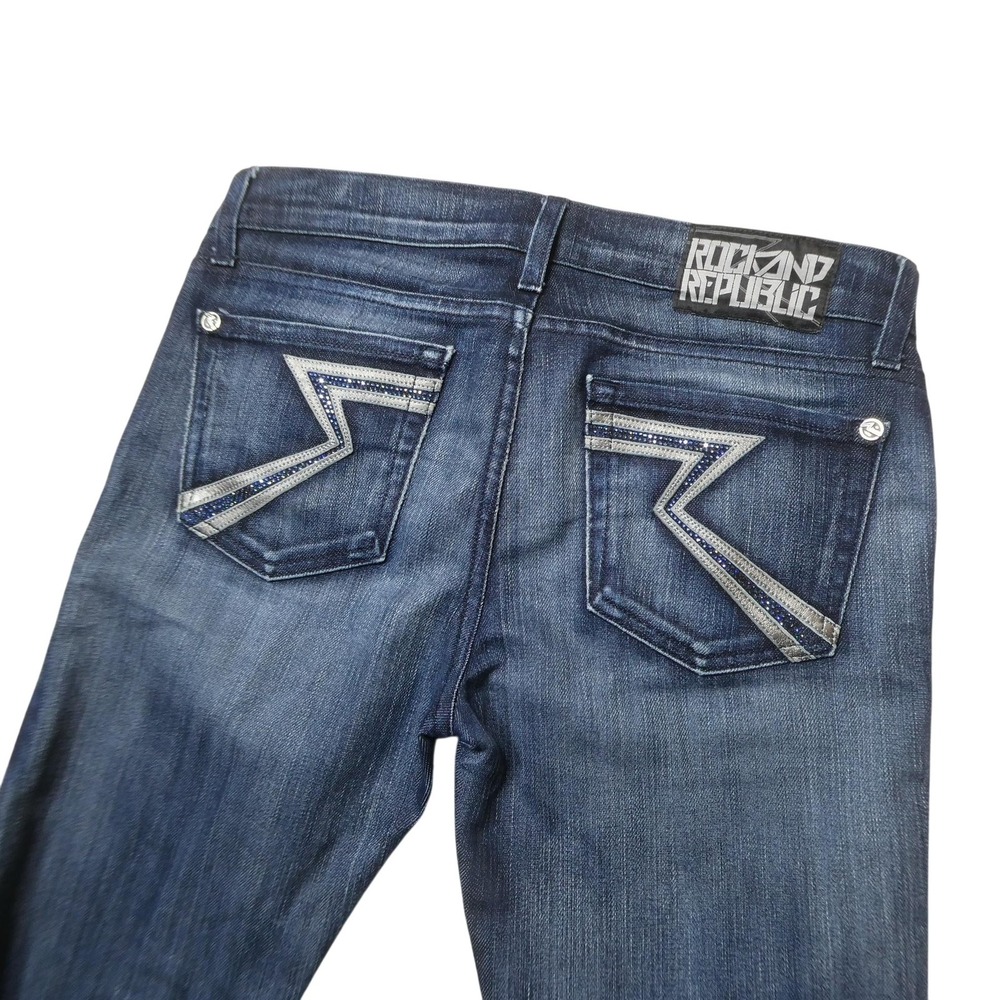 Rock & Republic Jeans Womens 27 Blue Medium Wash Low Rise Bootcut Studded Logo
